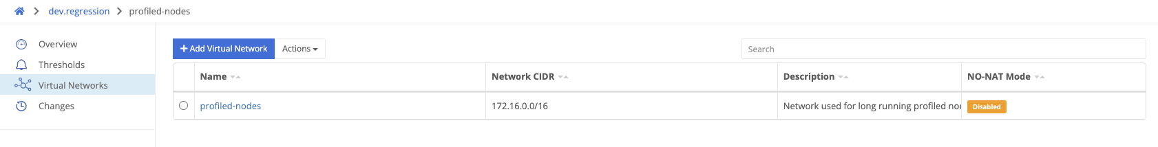 table showing a single virtual network